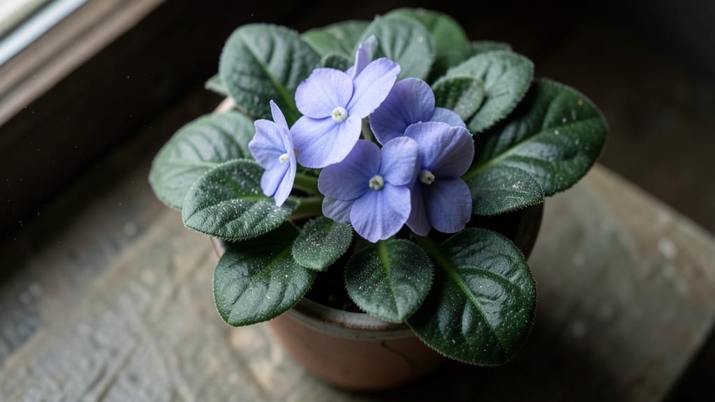 African Violet with Purple-Blue Blooms